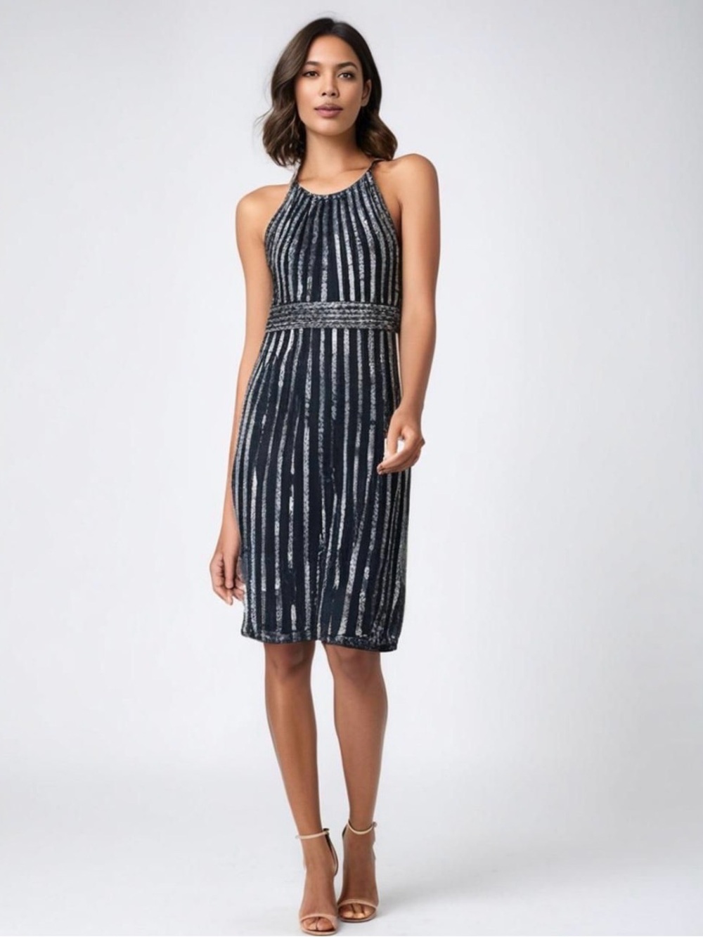 Cache Navy and Silver Striped Sequin Halter Midi Cocktail Dress